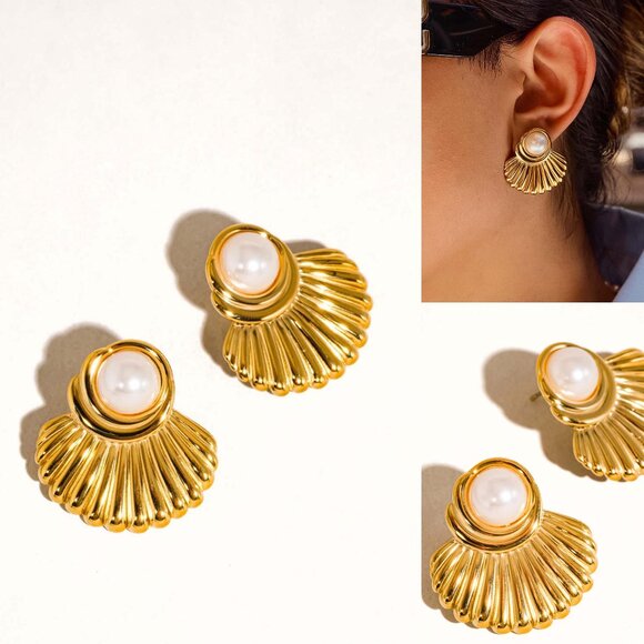 Lennox 18K Gold Shell & Pearl Drop Earrings - Picture 1 of 5